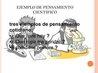 EJEMPLO DE PENSAMIENTO
CIENTIFICO
tres ejemplos de pensamiento
cotidiano:
•¿ Que hare hoy ?
•¿ Que ropa me pondré ?
•¿ como me peinare ?