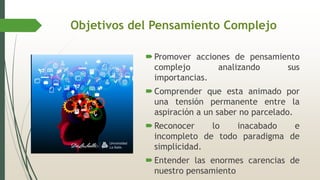 Objetivos del Pensamiento Complejo
Promover acciones de pensamiento
complejo analizando sus
importancias.
Comprender que esta animado por
una tensión permanente entre la
aspiración a un saber no parcelado.
Reconocer lo inacabado e
incompleto de todo paradigma de
simplicidad.
Entender las enormes carencias de
nuestro pensamiento
 