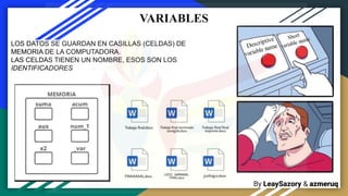By LeaySazory & azmeruq
VARIABLES
LOS DATOS SE GUARDAN EN CASILLAS (CELDAS) DE
MEMORIA DE LA COMPUTADORA.
LAS CELDAS TIENEN UN NOMBRE, ESOS SON LOS
IDENTIFICADORES
 
