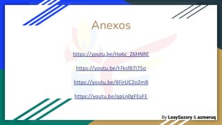 By LeaySazory & azmeruq
Anexos
https://youtu.be/Ho6c_Z6HNRE
https://youtu.be/t7ksfB7I75o
https://youtu.be/8FirUC2o2m8
https://youtu.be/qpLn0gFEaFE
 