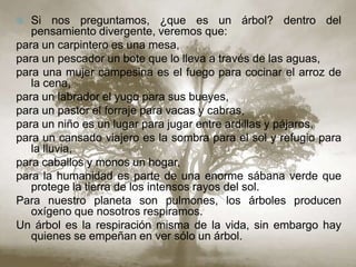 Si nos preguntamos, ¿que es un árbol? dentro del pensamiento divergente, veremos que:para un carpintero es una mesa, para un pescador un bote que lo lleva a través de las aguas, para una mujer campesina es el fuego para cocinar el arroz de la cena, para un labrador el yugo para sus bueyes, para un pastor el forraje para vacas y cabras, para un niño es un lugar para jugar entre ardillas y pájaros, para un cansado viajero es la sombra para el sol y refugio para la lluvia, para caballos y monos un hogar, para la humanidad es parte de una enorme sábana verde que protege la tierra de los intensos rayos del sol. Para nuestro planeta son pulmones, los árboles producen oxígeno que nosotros respiramos. Un árbol es la respiración misma de la vida, sin embargo hay quienes se empeñan en ver sólo un árbol.