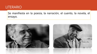 LITERARIO
Se manifiesta en la poesía, la narración, el cuento, la novela, el
ensayo.
 