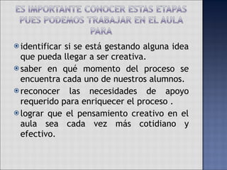 identificar si se está gestando alguna idea que pueda llegar a ser creativa. saber en qué momento del proceso se encuentra cada uno de nuestros alumnos. reconocer las necesidades de apoyo requerido para enriquecer el proceso . lograr que el pensamiento creativo en el aula sea cada vez más cotidiano y efectivo. 
