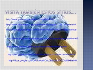 http://www.youtube.com/watch?v=dof8ah7iXD0 http://www.redcreacion.org/documentos/congreso10/EYentzen.html http://manuelgross.bligoo.com/content/view/679540/El-Mapa-Mental-y-el-Pensamiento-Creativo.html http://www.tecnicas-de-estudio.org/articulos/aprendizajeycreatividad5.htm http://www.teachers.ash.org.au/researchskills/thinking.htm http://docs.google.com/Doc?docid=0Ac0BlyZcuJ7YZGc4NXhmNWpfMThnNWRrcmdncQ&hl=es http://docs.google.com/Doc?docid=0Ac0BlyZcuJ7YZGc4NXhmNWpfMTljZmR3Yno5eg&hl=es 