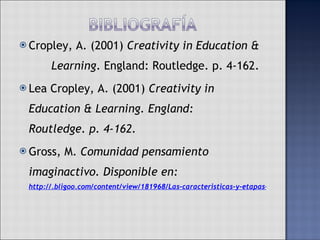 Cropley, A. (2001)  Creativity in Education &  Learning .  England: Routledge. p. 4-162.  Lea Cropley, A. (2001)  Creativity in  Education & Learning. England:  Routledge. p. 4-162.  Gross, M.  Comunidad pensamiento  imaginactivo. Disponible en:  http://.bligoo.com/content/view/181968/Las-caracteristicas-y-etapas-del-proceso-creativo.html 