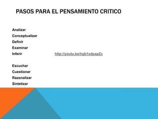 PASOS PARA EL PENSAMIENTO CRITICO
Analizar
Conceptualizar
Definir
Examinar
Inferir http://youtu.be/hgb1xdpapZc
Escuchar
Cuestionar
Razonalizar
Sintetizar
 