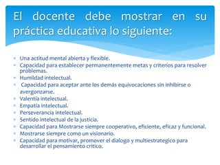  Una actitud mental abierta y flexible.
 Capacidad para establecer permanentemente metas y criterios para resolver
problemas.
 Humildad intelectual.
 Capacidad para aceptar ante los demás equivocaciones sin inhibirse o
avergonzarse.
 Valentía intelectual.
 Empatía intelectual.
 Perseverancia intelectual.
 Sentido intelectual de la justicia.
 Capacidad para Mostrarse siempre cooperativo, eficiente, eficaz y funcional.
 Mostrarse siempre como un visionario.
 Capacidad para motivar, promover el dialogo y multiestrategico para
desarrollar el pensamiento critico.
El docente debe mostrar en su
práctica educativa lo siguiente:
 
