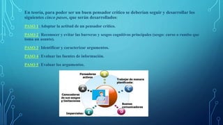 En teoría, para poder ser un buen pensador crítico se deberían seguir y desarrollar los
siguientes cinco pasos, que serán desarrollados:
PASO 1: Adoptar la actitud de un pensador crítico.
PASO 2: Reconocer y evitar las barreras y sesgos cognitivos principales (sesgo: curso o rumbo que
toma un asunto).
PASO 3: Identificar y caracterizar argumentos.
PASO 4: Evaluar las fuentes de información.
PASO 5: Evaluar los argumentos.
 