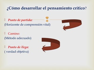  Punto de partida:
(Horizonte de comprensión vital)
 Camino:
(Método adecuado)
 Punto de llega:
( verdad objetiva)
¿Cómo desarrollar el pensamiento crítico?
 