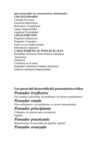 para desarrollar las características intelectuales.
LOS ESTÁNDARES
Claridad Precisión
Exactitud Importancia
Relevancia Completitud
Lógica Imparcialidad
Amplitud Profundidad
LOS ELEMENTOS
Propósitos Inferencias
Preguntas Conceptos
Puntos de vista Implicaciones
Información Supuestos
CARACTERÍSTICAS INTELECTUALES
Humildad intelectual Perseverancia intelectual
Autonomía
intelectual
Confianza en la razón
Integridad intelectual Empatía intelectual
Entereza intelectual Imparcialidad
Los pasos del desarrollodel pensamiento crítico
Pensador irreflexivo
(No estamos conscientes de problemas en nuestro pensamiento)
Pensador retado
(Nos enfrentamos con problemas en nuestro pensamiento)
Pensador principiante
(Tratamos de mejorar pero sin práctica
regular)
Pensador practicante
(Reconocemos la necesidad de práctica regular)
Pensador avanzado
 