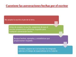 Cuestione las aseveracioneshechaspor el escritor
No acepte lo escrito al pie de la letra.
Antes de aceptar lo escrito, asegúrese de que el
escritor proporcione suficiente respaldo para
cualquier aseveración hecha
Busque hechos, ejemplos, y estadísticas que
proporcionen respaldo.
También, espere ver si el escritor ha integrado
además el trabajo de especialistas en la materia
 