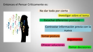 Entonces el Pensar Críticamente es:
No dar todo por cierto
Tomar postura
Contrastar información previa con la
nueva
Investigar sobre el tema
Argumentar
Ofrecer soluciones
Tomar decisiones
Escuchar diferentes posturas
 