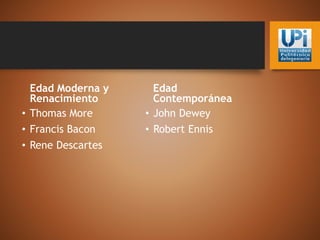 Edad Moderna y
Renacimiento
• Thomas More
• Francis Bacon
• Rene Descartes
Edad
Contemporánea
• John Dewey
• Robert Ennis
 