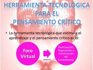 Herramienta TecnológicaPara elPensamiento CríticoLa herramienta tecnológica que estimula el aprendizaje y el pensamiento crítico es el:¿Cómo?