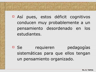    Así pues, estos déficit cognitivos
    conducen muy probablemente a un
    pensamiento desordenado en los
    estudiantes.


   Se       requieren     pedagogías
    sistemáticas para que ellos tengan
    un pensamiento organizado.

                                  Ps. E. TAPIA
 