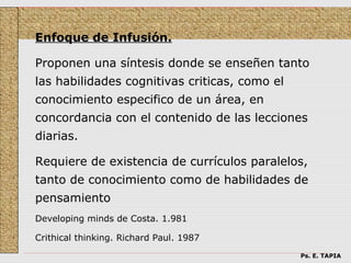 Enfoque de Infusión.

Proponen una síntesis donde se enseñen tanto
las habilidades cognitivas criticas, como el
conocimiento especifico de un área, en
concordancia con el contenido de las lecciones
diarias.

Requiere de existencia de currículos paralelos,
tanto de conocimiento como de habilidades de
pensamiento
Developing minds de Costa. 1.981

Crithical thinking. Richard Paul. 1987
                                               Ps. E. TAPIA
 