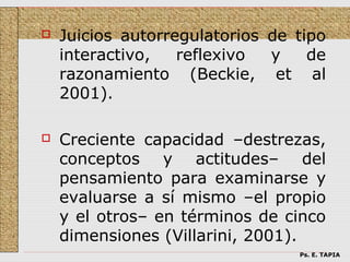    Juicios autorregulatorios de tipo
    interactivo,   reflexivo  y    de
    razonamiento (Beckie, et al
    2001).

   Creciente capacidad –destrezas,
    conceptos y actitudes– del
    pensamiento para examinarse y
    evaluarse a sí mismo –el propio
    y el otros– en términos de cinco
    dimensiones (Villarini, 2001).
                                 Ps. E. TAPIA
 