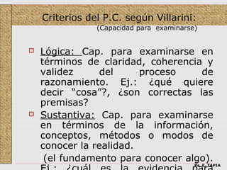 Criterios del P.C. según Villarini:
                (Capacidad para examinarse)


   Lógica: Cap. para examinarse en
    términos de claridad, coherencia y
    validez      del     proceso    de
    razonamiento. Ej.: ¿qué quiere
    decir “cosa”?, ¿son correctas las
    premisas?
   Sustantiva: Cap. para examinarse
    en términos de la información,
    conceptos, métodos o modos de
    conocer la realidad.
     (el fundamento para conocer algo).
                                          Ps. E. TAPIA
 