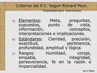 Criterios del P.C. Según Richard Paul:
                   (Capacidad para examinarse)



A)    Elementos:      Meta,    preguntas,
      supuestos,     punto    de    vista,
      información,             conceptos,
      interpretaciones e implicaciones.
B)    Estándares: Claridad, precisión,
      exactitud,              pertinencia,
      profundidad, amplitud y lógica.
C)    Rasgos:      Humildad,       coraje,
      empatía,                 integridad,
      perseverancia, fe en la razón e
      imparcialidad.
                                                 Ps. E. TAPIA
 