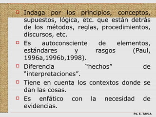    Indaga por los principios, conceptos,
    supuestos, lógica, etc. que están detrás
    de los métodos, reglas, procedimientos,
    discursos, etc.
   Es    autoconsciente    de    elementos,
    estándares       y     rasgos     (Paul,
    1996a,1996b,1998).
   Diferencia          “hechos”          de
    “interpretaciones”.
   Tiene en cuenta los contextos donde se
    dan las cosas.
   Es enfático con la necesidad de
    evidencias.
                                      Ps. E. TAPIA
 