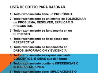 LISTA DE COTEJO PARA RAZONAR
1) Todo razonamiento tiene un PROPÓSITO.
2) Todo razonamiento es un intento de SOLUCIONAR
un PROBLEMA, RESOLVER, EXPLICAR O
PREGUNTAR.
3) Todo razonamiento se fundamenta en un
SUPUESTO.
4) Todo razonamiento se hace desde una
PERSPECTIVA.
5) Todo razonamiento se fundamenta en
DATOS, INFORMACIÓN Y EVIDENCIA.
6) Todo razonamiento se expone mediante
CONCEPTOS, E IDEAS que dan forma.
7) Todo razonamiento contiene INFERENCIAS O
INTERPRETACIONES.
8) Todo razonamiento tiene IMPLICACIONES O
 