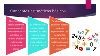 Conceptos aritméticos básicos.
No es probable
que se desarrolle
una comprensión
fundamental de la
aritmética sin
técnicas eficaces y
experiencias
suficientes de
contar.
La enseñanza de
apoyo para la
aritmética no debe
realizarse hasta
que el niño no
tenga soltura con
las técnicas básicas.
Para los niños de
educación especial
puede ser
especialmente útil
destacar los
efectos de añadir o
quitar una unidad
en situaciones
cotidianas.
 