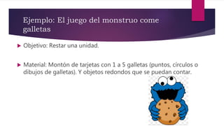 Ejemplo: El juego del monstruo come
galletas
 Objetivo: Restar una unidad.
 Material: Montón de tarjetas con 1 a 5 galletas (puntos, círculos o
dibujos de galletas). Y objetos redondos que se puedan contar.
 