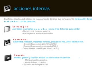 acciones internas Son todas aquellas actividades de mantenimiento del sitio, que vehiculicen la  construcción de las  relaciones  con las personas . Estratégica Actividades o campañas  planeadas  en una línea de tiempo que permitan   - Reconocer a nuestros usuarios     - Recompensar a nuestros usuarios   Contenidos Creatividad, redacción, moderado de la red, producción, foto, video, flash banners.      - Contenido generado por marca (CGM)   - Contenido generado por usuario (CGU) - Contenido enriquecido por usuario (CEU) Soporte análisis, gestión y solución a todas las consultas e incidencias     -   -   Mantenimiento preventivo   - Mantenimiento correctivo - Evoluciones de la plataforma 
