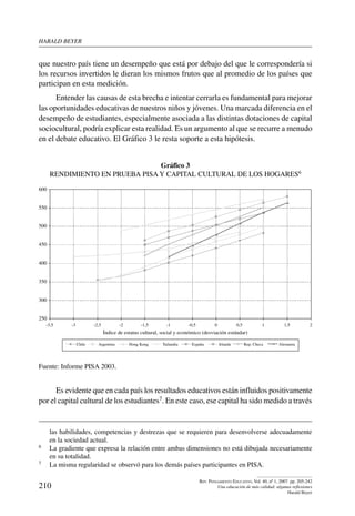harald beYer
210
Rev. Pensamiento Educativo, Vol. 40, nº 1, 2007. pp. 205-242
Una educación de más calidad: algunas reflexiones
Harald Beyer
que nuestro país tiene un desempeño que está por debajo del que le correspondería si
los recursos invertidos le dieran los mismos frutos que al promedio de los países que
participan en esta medición.
Entender las causas de esta brecha e intentar cerrarla es fundamental para mejorar
las oportunidades educativas de nuestros niños y jóvenes. Una marcada diferencia en el
desempeño de estudiantes, especialmente asociada a las distintas dotaciones de capital
sociocultural, podría explicar esta realidad. Es un argumento al que se recurre a menudo
en el debate educativo. El Gráfico 3 le resta soporte a esta hipótesis.
Gráfico 3
Rendimiento en prueba PISA y capital cultural de los hogares6
250
300
350
400
450
500
550
600
-3,5 -3 -2,5 -2 -1,5 -1 -0,5 0 0,5 1 1,5 2
Índice de estatus cultural, social y económico (desviación estándar)
Chile Argentina Hong Kong Tailandia España Irlanda Rep. Checa Alemania
Fuente: Informe PISA 2003.
Es evidente que en cada país los resultados educativos están influidos positivamente
por el capital cultural de los estudiantes7. En este caso, ese capital ha sido medido a través
las habilidades, competencias y destrezas que se requieren para desenvolverse adecuadamente
en la sociedad actual.
6	 La gradiente que expresa la relación entre ambas dimensiones no está dibujada necesariamente
en su totalidad.
7	 La misma regularidad se observó para los demás países participantes en PISA.
 