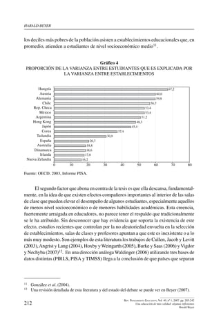 harald beYer
212
Rev. Pensamiento Educativo, Vol. 40, nº 1, 2007. pp. 205-242
Una educación de más calidad: algunas reflexiones
Harald Beyer
los deciles más pobres de la población asisten a establecimientos educacionales que, en
promedio, atienden a estudiantes de nivel socioeconómico medio11.
Gráfico 4
Proporción de la varianza entre estudiantes que es explicada por
la varianza entre establecimientos
16,2
17,8
18,6
18,8
20,7
30,9
37,4
45,4
48,3
51,2
53,4
53,4
56,7
59,8
60,0
67,2
0 10 20 30 40 50 60 70 80
Nueva Zelandia
Irlanda
Dinamarca
Australia
España
Tailandia
Corea
Japón
Hong Kong
Argentina
México
Rep. Checa
Chile
Alemania
Austria
Hungría
Fuente: OECD, 2003, Informe PISA.
El segundo factor que abona en contra de la tesis es que ella descansa, fundamental-
mente, en la idea de que existen efectos compañeros importantes al interior de las salas
de clase que pueden elevar el desempeño de algunos estudiantes, especialmente aquellos
de menos nivel socioeconómico o de menores habilidades académicas. Esta creencia,
fuertemente arraigada en educadores, no parece tener el respaldo que tradicionalmente
se le ha atribuido. Sin desconocer que hay evidencia que soporta la existencia de este
efecto, estudios recientes que controlan por la no aleatoriedad envuelta en la selección
de establecimientos, salas de clases y profesores apuntan a que este es inexistente o a lo
más muy modesto. Son ejemplos de esta literatura los trabajos de Cullen, Jacob y Levitt
(2003),Angrist y Lang (2004), Hoxby y Weingarth (2005), Burke y Saas (2006) yVigdor
y Nechyba (2007)12. En una dirección análoga Waldinger (2006) utilizando tres bases de
datos distintas (PIRLS, PISA y TIMSS) llega a la conclusión de que países que separan
11	 González et al. (2004).
12	 Una revisión detallada de esta literatura y del estado del debate se puede ver en Beyer (2007).
 