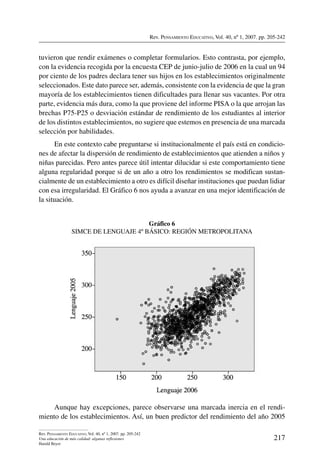 Rev. Pensamiento Educativo, Vol. 40, nº 1, 2007. pp. 205-242
217
Rev. Pensamiento Educativo, Vol. 40, nº 1, 2007. pp. 205-242
Una educación de más calidad: algunas reflexiones
Harald Beyer
tuvieron que rendir exámenes o completar formularios. Esto contrasta, por ejemplo,
con la evidencia recogida por la encuesta CEP de junio-julio de 2006 en la cual un 94
por ciento de los padres declara tener sus hijos en los establecimientos originalmente
seleccionados. Este dato parece ser, además, consistente con la evidencia de que la gran
mayoría de los establecimientos tienen dificultades para llenar sus vacantes. Por otra
parte, evidencia más dura, como la que proviene del informe PISA o la que arrojan las
brechas P75-P25 o desviación estándar de rendimiento de los estudiantes al interior
de los distintos establecimientos, no sugiere que estemos en presencia de una marcada
selección por habilidades.
En este contexto cabe preguntarse si institucionalmente el país está en condicio-
nes de afectar la dispersión de rendimiento de establecimientos que atienden a niños y
niñas parecidas. Pero antes parece útil intentar dilucidar si este comportamiento tiene
alguna regularidad porque si de un año a otro los rendimientos se modifican sustan-
cialmente de un establecimiento a otro es difícil diseñar instituciones que puedan lidiar
con esa irregularidad. El Gráfico 6 nos ayuda a avanzar en una mejor identificación de
la situación.
Gráfico 6
SIMCE de lenguaje 4º Básico: Región Metropolitana
Aunque hay excepciones, parece observarse una marcada inercia en el rendi-
miento de los establecimientos. Así, un buen predictor del rendimiento del año 2005
 