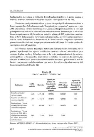 manuel riesco
252
Rev. Pensamiento Educativo, Vol. 40, nº 1, 2007. pp. 243-261
La necesidad de reconstruir el sistema nacional de educación público desmantelado por la dictadura y la LOCE
Manuel Riesco
la abrumadora mayoría de la población depende del gasto público, el que no alcanza a
la mitad de lo que representaba hace tres décadas, como proporción del PIB.
El aumento en el gasto educacional privado recarga significativamente también a
los sectores medios. Sólo el denominado “financiamiento compartido” representó el año
2005 una suma de 187 mil millones de pesos, equivalente aproximadamente al 10% del
gasto público en educación en los niveles correspondientes. Sin embargo, la mitad del
financiamiento compartido la recibe un reducido número de 267 instituciones, equiva-
lente al 5,8% de las escuelas particulares subvencionadas, que representa sin embargo
casi un cuarto de la matrícula de este sector. El financiamiento compartido representa
para estos establecimientos una proporción sustancial, del orden de los dos tercios, de
sus ingresos por subvenciones.
Este reducido número de colegios particulares subvencionados representa, por lo
general, aquellos que han logrado establecerse como servicios de cierta calidad para
sectores de clase media, y de hecho, como se ha visto, su dependencia de las subven-
ciones públicas se ha reducido a poco más de la mitad de sus ingresos. En cambio, las
cerca de 4.400 escuelas particulares subvencionadas restantes, que atienden a más de
las tres cuartas partes del alumnado en este sector, dependen casi exclusivamente del
financiamiento fiscal (Cuadro 12).
Cuadro 12
Financiamiento compartido
Instituciones
Estable-
cimientos
Matrícula
Ingresos pro-
yectados por
financiamiento
compartido
(2005, millones
de pesos)
Subvenciones
(2003, millones
de pesos 2002)
Significación
aproximada del
financiamiento
compartido (% de
subvenciones)
Escuelas particulares
subvencionadas
4.630 1.577.452 187.546 604.015 31%
Escuelas con financia-
miento compartido
1.939 1.111.571 187.546 425.626 44%
Instituciones (*) que
reciben el 50% del finan-
ciamiento compartido
267 369.464 93.773 141.470 66%
Instituciones (*) que
reciben el 50% del fi-
nanciamientocompartido
(% de las particulares
subvencionadas)
5,8% 23,4% 50,0% 23,4%
Fuentes: MINEDUC, CENDA. (*) Algunas instituciones tienen varias escuelas (Riesco 2007).
 