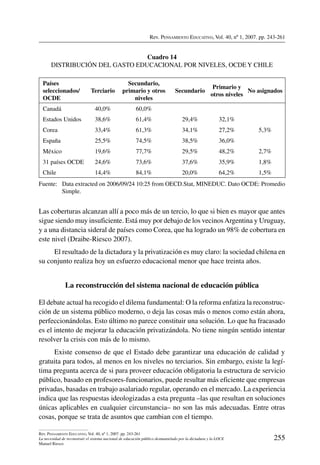 Rev. Pensamiento Educativo, Vol. 40, nº 1, 2007. pp. 243-261
255
Rev. Pensamiento Educativo, Vol. 40, nº 1, 2007. pp. 243-261
La necesidad de reconstruir el sistema nacional de educación público desmantelado por la dictadura y la LOCE
Manuel Riesco
Las coberturas alcanzan allí a poco más de un tercio, lo que si bien es mayor que antes
sigue siendo muy insuficiente. Está muy por debajo de los vecinosArgentina y Uruguay,
y a una distancia sideral de países como Corea, que ha logrado un 98% de cobertura en
este nivel (Draibe-Riesco 2007).
El resultado de la dictadura y la privatización es muy claro: la sociedad chilena en
su conjunto realiza hoy un esfuerzo educacional menor que hace treinta años.
La reconstrucción del sistema nacional de educación pública
El debate actual ha recogido el dilema fundamental: O la reforma enfatiza la reconstruc-
ción de un sistema público moderno, o deja las cosas más o menos como están ahora,
perfeccionándolas. Esto último no parece constituir una solución. Lo que ha fracasado
es el intento de mejorar la educación privatizándola. No tiene ningún sentido intentar
resolver la crisis con más de lo mismo.
Existe consenso de que el Estado debe garantizar una educación de calidad y
gratuita para todos, al menos en los niveles no terciarios. Sin embargo, existe la legí-
tima pregunta acerca de si para proveer educación obligatoria la estructura de servicio
público, basado en profesores-funcionarios, puede resultar más eficiente que empresas
privadas, basadas en trabajo asalariado regular, operando en el mercado. La experiencia
indica que las respuestas ideologizadas a esta pregunta –las que resultan en soluciones
únicas aplicables en cualquier circunstancia– no son las más adecuadas. Entre otras
cosas, porque se trata de asuntos que cambian con el tiempo.
Cuadro 14
Distribución del gasto educacional por niveles, OCDE y Chile
Países
seleccionados/
OCDE
Terciario
Secundario,
primario y otros
niveles
Secundario
Primario y
otros niveles
No asignados
Canadá 40,0% 60,0%
Estados Unidos 38,6% 61,4% 29,4% 32,1%
Corea 33,4% 61,3% 34,1% 27,2% 5,3%
España 25,5% 74,5% 38,5% 36,0%
México 19,6% 77,7% 29,5% 48,2% 2,7%
31 países OCDE 24,6% 73,6% 37,6% 35,9% 1,8%
Chile 14,4% 84,1% 20,0% 64,2% 1,5%
Fuente: 	 Data extracted on 2006/09/24 10:25 from OECD.Stat, MINEDUC. Dato OCDE: Promedio
Simple.
 