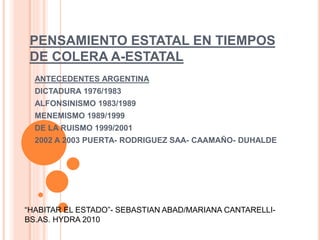 PENSAMIENTO ESTATAL EN TIEMPOS
DE COLERA A-ESTATAL
ANTECEDENTES ARGENTINA
DICTADURA 1976/1983
ALFONSINISMO 1983/1989
MENEMISMO 1989/1999
DE LA RUISMO 1999/2001
2002 A 2003 PUERTA- RODRIGUEZ SAA- CAAMAÑO- DUHALDE
“HABITAR EL ESTADO”- SEBASTIAN ABAD/MARIANA CANTARELLI-
BS.AS. HYDRA 2010
 