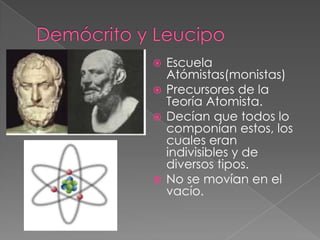Escuela
Atómistas(monistas)
 Precursores de la
Teoría Atomista.
 Decían que todos lo
componían estos, los
cuales eran
indivisibles y de
diversos tipos.
 No se movían en el
vacío.


 