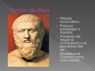 







Filósofo
racionalista.
Propuso
paradojas o
Aporías.
Trataban de
negar el
movimiento o la
pluralidad del
ser.
Establece el
Cosmos como
una unidad.

 