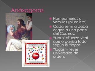 Homeomerias o
Semillas (pluralista)
 Cada semilla daba
origen a una parte
del Cosmos.
 “Nous”=Fuerza vital
que organiza todo
según el “logos”
 “logos”= leyes
universales de
orden.


 