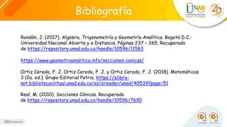 Bibliografía
Rondón, J. (2017). Algebra, Trigonometría y Geometría Analítica. Bogotá D.C.:
Universidad Nacional Abierta y a Distancia. Páginas 237 – 265. Recuperado
de https://repository.unad.edu.co/handle/10596/11583
https://www.geometriaanalitica.info/secciones-conicas/
Ortiz Ceredo, F. J. Ortiz Ceredo, F. J. y Ortiz Ceredo, F. J. (2018). Matemáticas
3 (2a. ed.). Grupo Editorial Patria. https://elibro-
net.bibliotecavirtual.unad.edu.co/es/ereader/unad/40539?page=51
Real, M. (2010). Secciones Cónicas. Recuperado
de https://repository.unad.edu.co/handle/10596/7690
 