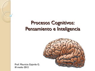 Procesos Cognitivos:Procesos Cognitivos:
Pensamiento e InteligenciaPensamiento e Inteligencia
Prof. Mauricio Gajardo G.
III medio 2012
 