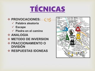  PROVOCACIONES:
 Palabra aleatoria
 Escape
 Piedra en el camino
 ANALOGIA
 METODO DE INVERSION
 FRACCIONAMIENTO O
DIVISIÓN
 RESPUESTAS IDONEAS
TÉCNICAS
 
