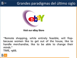 Grandes	
  paradigmas	
  del	
  úlBmo	
  siglo	
  




“Remote shopping, while entirely feasible, will flop-­
because women like to get out of the house, like to
handle merchandise, like to be able to change their
minds.”
TIME, 1966.
 