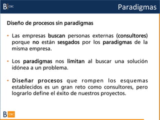 Paradigmas	
  
Diseño de procesos sin paradigmas

•  Las empresas buscan personas externas (consultores)
   porque no están sesgados por los paradigmas de la
   misma empresa.

•  Los paradigmas nos limitan al buscar una solución
   idónea a un problema.

•  Diseñar procesos que rompen los esquemas
   establecidos es un gran reto como consultores, pero
   lograrlo define el éxito de nuestros proyectos.
 