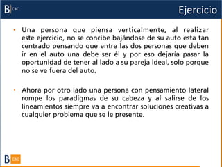 Ejercicio	
  
•  Una persona que piensa verticalmente, al realizar
   este ejercicio, no se concibe bajándose de su auto esta tan
   centrado pensando que entre las dos personas que deben
   ir en el  auto  una debe ser él y por eso dejaría pasar la
   oportunidad de tener al lado a su pareja ideal, solo porque
   no se ve fuera del auto.

•  Ahora por otro lado una persona con pensamiento lateral
   rompe los paradigmas de su cabeza y al salirse de los
   lineamientos siempre va a encontrar soluciones creativas a
   cualquier problema que se le presente.
 