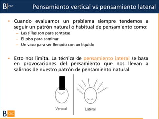 Pensamiento	
  verBcal	
  vs	
  pensamiento	
  lateral	
  

•  Cuando evaluamos un problema siempre tendemos a
   seguir un patrón natural o habitual de pensamiento como:
   –  Las sillas son para sentarse
   –  El piso para caminar
   –  Un vaso para ser llenado con un líquido


•  Esto nos limita. La técnica de pensamiento lateral se basa
   en provocaciones del pensamiento que nos llevan a
   salirnos de nuestro patrón de pensamiento natural.
 