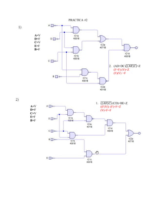 PRACTICA #2
A=V
D=F
C=V
E=F
B=F
1. ((𝐴𝐷)𝐶)̅̅̅̅̅̅̅̅̅̅̅ (CD)+BE=Z
((F)V)) (F)+F=Z
(V)+F=F
2. (AD+DC)((𝐴𝐵)𝐶)̅̅̅̅̅̅̅̅̅̅̅=Z
(F+F) (V)=Z
(F)(V) =F
A=V
D=F
C=V
E=F
B=F
 