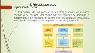 Separación de poderes.
Los tres poderes de un Estado no deben estar en manos de la misma
persona o de personas del mismo partido, con esto se garantiza la
independencia de cada uno de los tres poderes (ejecutivo, legislativo y
judicial) y la no existencia de un poder autoritario (dictadura).
2. Principios políticos.
 