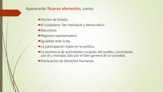 Aparecerán Nuevos elementos, como:
Noción de Estado.
El ciudadano: Ser individual y democrático
Elecciones
Régimen representativo
Igualdad ante la ley
La participación todos en la política
La existencia de autoridades surgidas del pueblo, controladas
por él y movidas sólo por el bien general de la sociedad.
Declaración de Derechos Humanos.
 