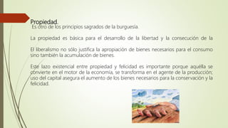 Propiedad.
Es otro de los principios sagrados de la burguesía.
La propiedad es básica para el desarrollo de la libertad y la consecución de la
El liberalismo no sólo justifica la apropiación de bienes necesarios para el consumo
sino también la acumulación de bienes.
Este lazo existencial entre propiedad y felicidad es importante porque aquélla se
convierte en el motor de la economía, se transforma en el agente de la producción;
uso del capital asegura el aumento de los bienes necesarios para la conservación y la
felicidad.
 