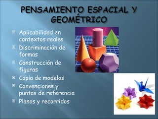  Aplicabilidad en
contextos reales
 Discriminación de
formas
 Construcción de
figuras
 Copia de modelos
 Convenciones y
puntos de referencia
 Planos y recorridos
 