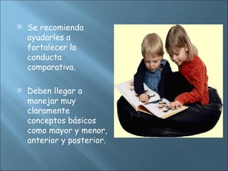  Se recomienda
ayudarles a
fortalecer la
conducta
comparativa.
 Deben llegar a
manejar muy
claramente
conceptos básicos
como mayor y menor,
anterior y posterior.
 